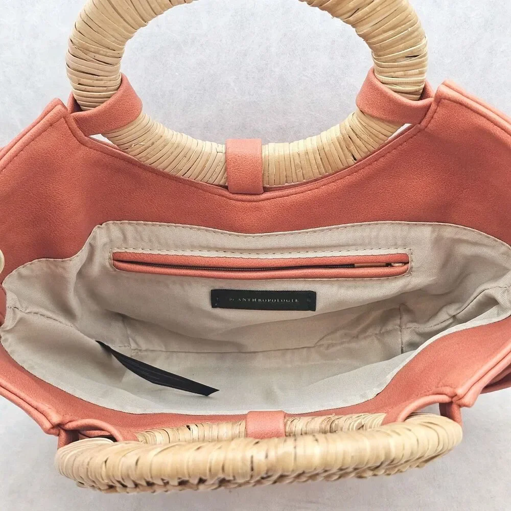 Anthropologie Coral W/Rattan Handles & Crossbody Strap Handbag + Removable Pouch